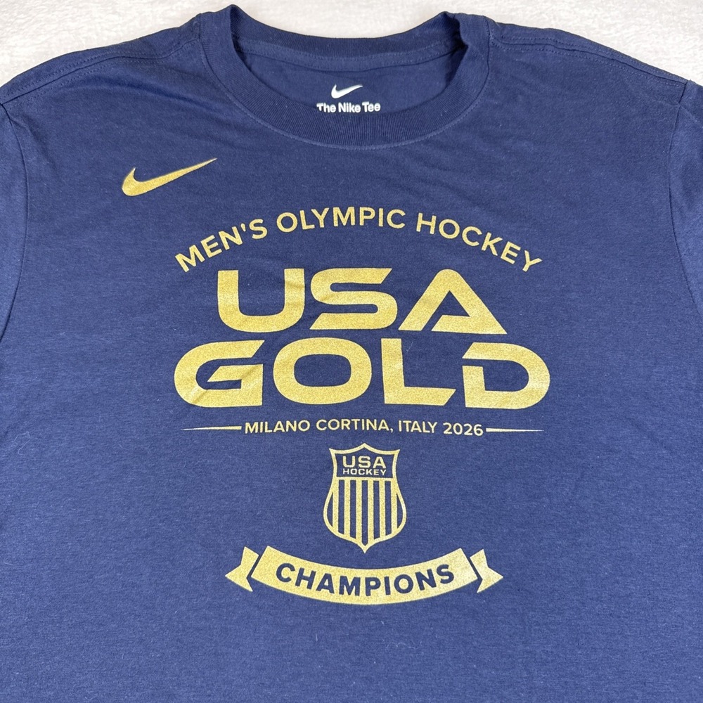 Nike USA Gold Mens Olympic Hockey Champions Navy T-Shirt Mens Medium NEVER WORN - Picture 2 of 4